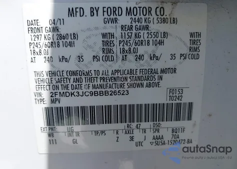 2011 Ford Edge Sel из США, поврежденный, VIN 2FMDK3JC9BBB26523